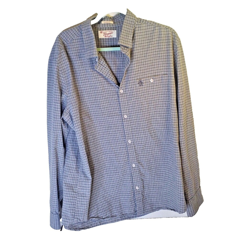 Penguin Mens X Large Blue Gingham Classic Fit Long Sleeve Button Down Shirt XL